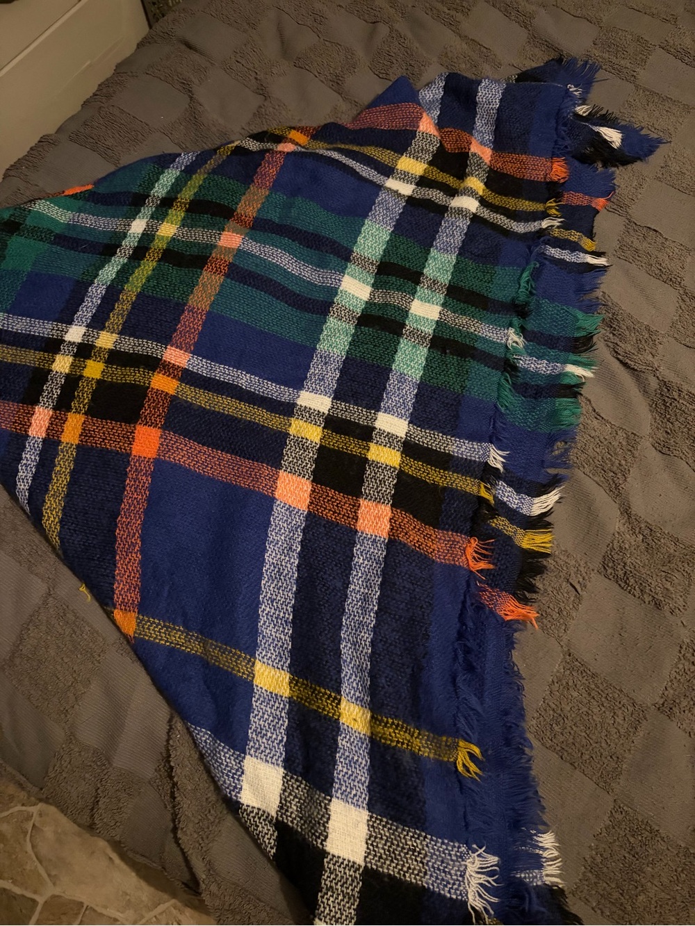 Simply Southern Blue Plaid Fringe Blanket Scarf with Green and Orange Accents